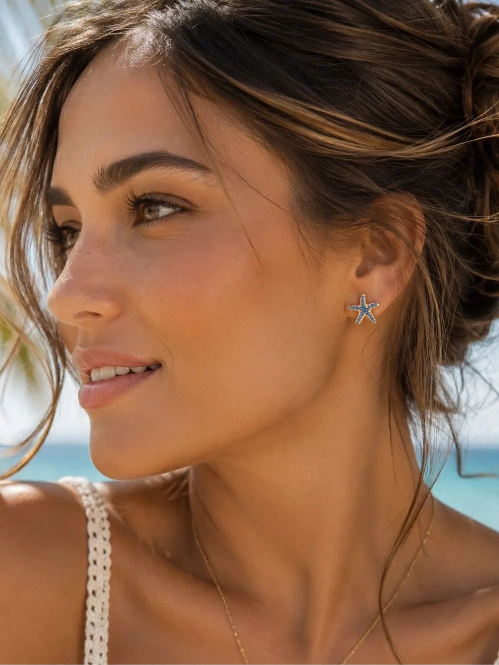 Boutique Blue Crystal Starfish Stud Earrings | Gold Coastal Beach Jewelry