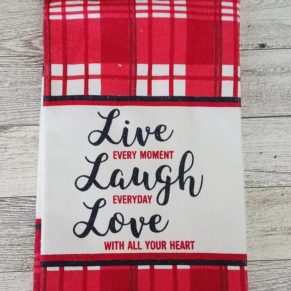 Live Love Laugh Kitchen Towel Home Decor Gift Red Black House Warming Handmade