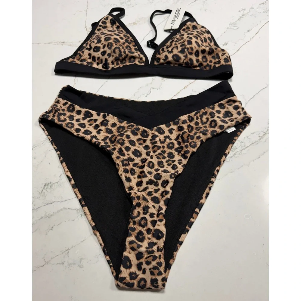 AIMAGE Womens‎ Leopard Print High Waisted Bikini Set Brown Black Size M NWT