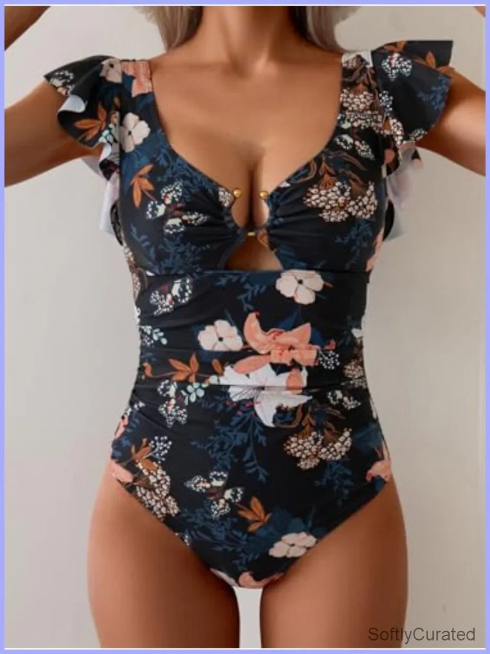 Ruffled One Piece Swimsuit with Tummy Control and V-Neck Cutout