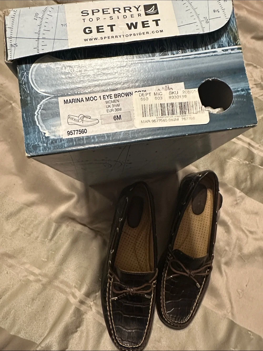 Women’s Sperry “Get Wet” Top Siders, Croc-Embossed Brown Leather Loafers