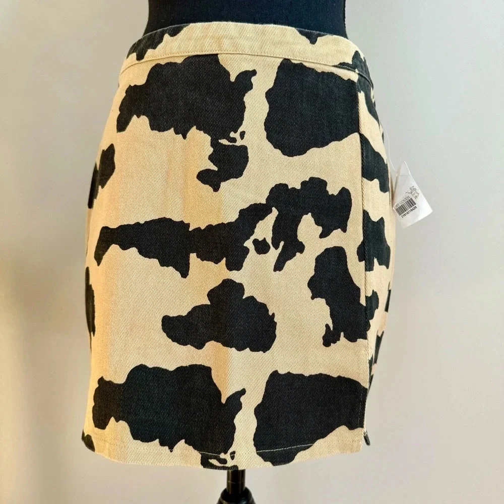 Le Lis Cow Print Denim Mini Skirt Tan Black Western‎ Country Concert NWT B19