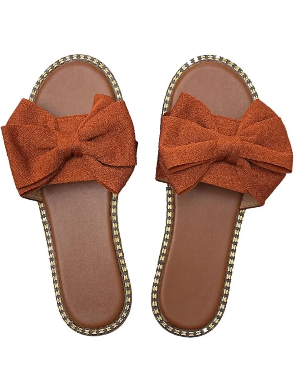 Women's Brown Leather Bow Knot Slides Open Toe Flat Summer Slip On Sandals