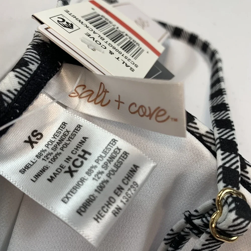 Salt & Cove Junior's Swim Bikini Top XS Black White Gingham Plaid Underwire
