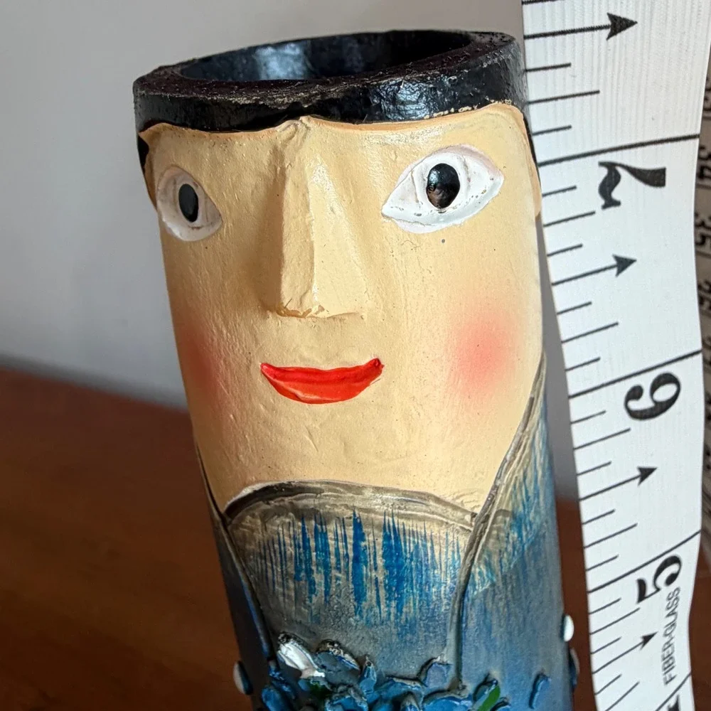 Vintage Folk Art Hand Painted Face Bud Vase Whimsical Blue Floral Pottery 7.25in