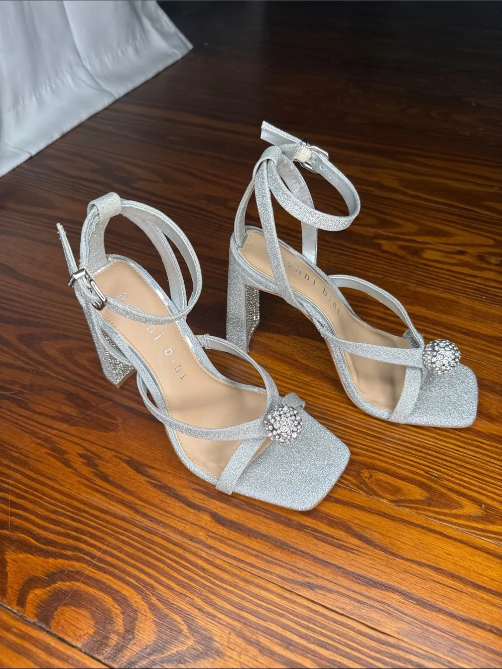 Gianni Bini Silver Glitter Rhinestone Block Heel Sandals