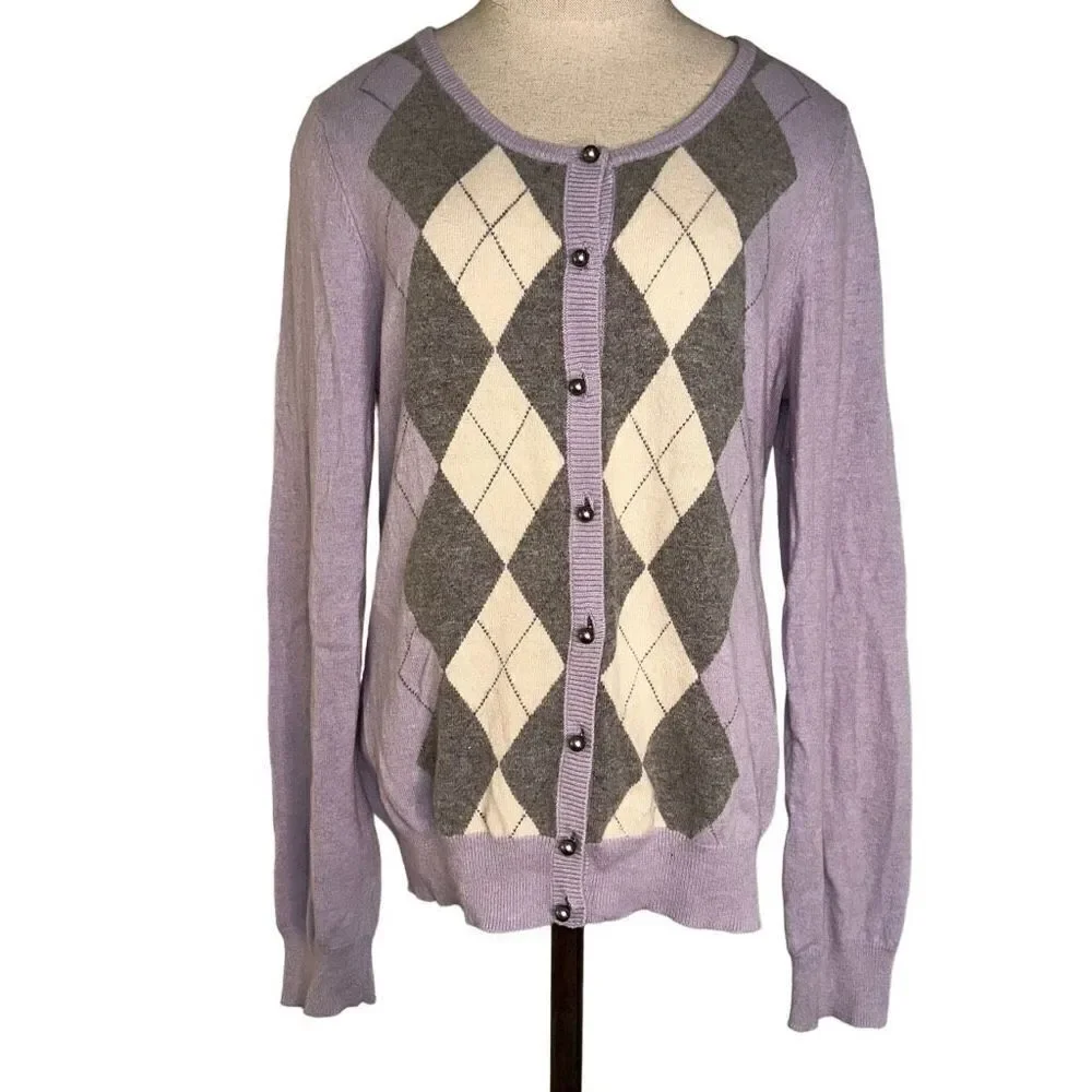 Talbots Womens Lambswool Angora Blend Purple Argyle Sweater Cardigan Cozy Chic‎