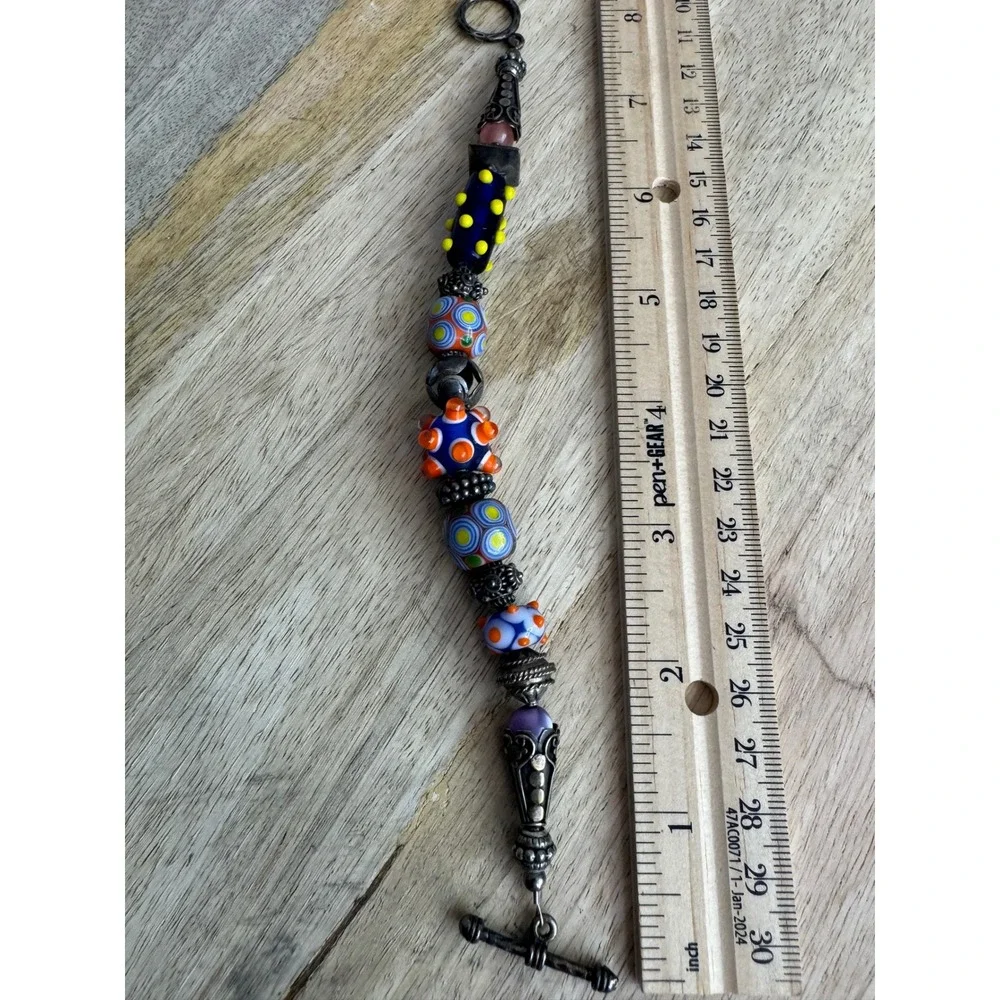 Artisan Glass Bead Toggle Bracelet Multicolor Bohemian Silver‎ Tone 8.25in