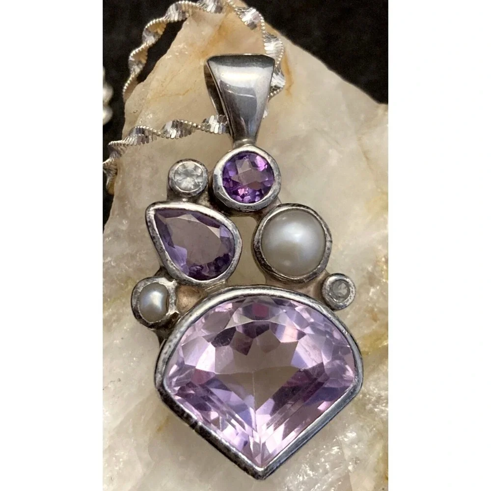 Vintage‎ STARBORN Amethyst Pearl Pendant Sterling Silver 16'' Necklace Abstract