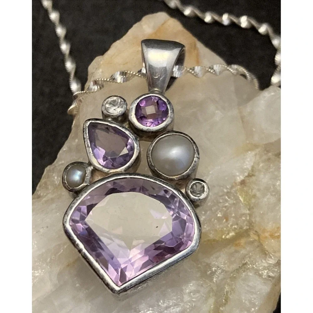 Vintage‎ STARBORN Amethyst Pearl Pendant Sterling Silver 16'' Necklace Abstract