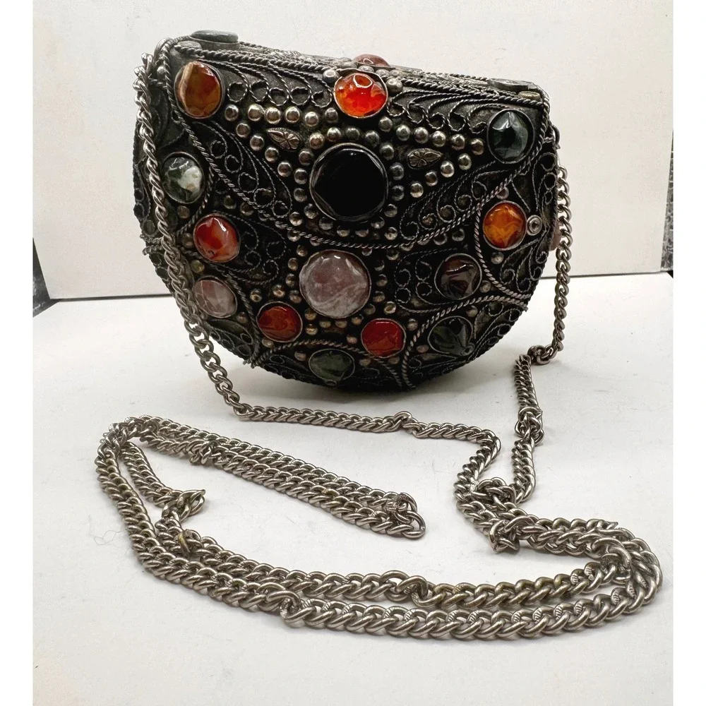 Vintage Sajai handmade‎ metal filigree with precious stones inlay & chain strap