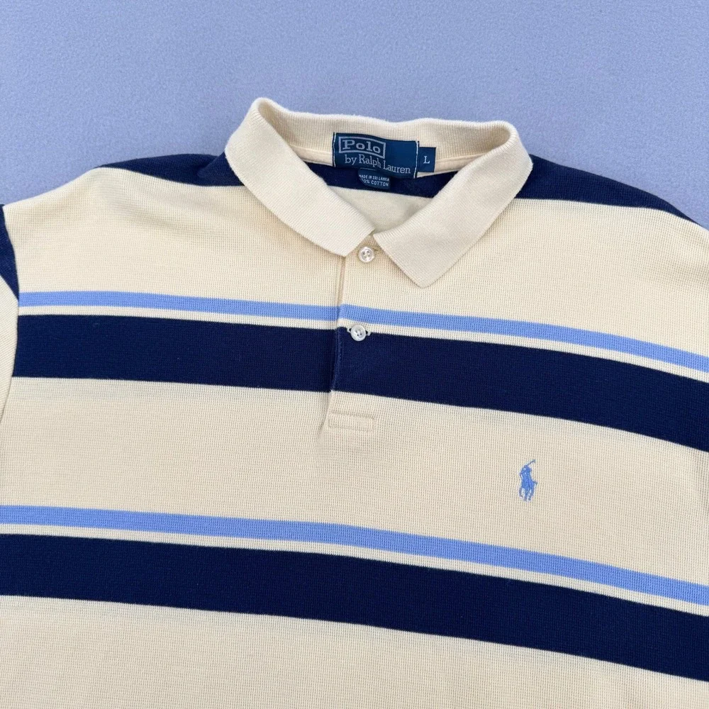 Polo Ralph Lauren Men L Yellow/Navy Blue Striped Cotton Waffle Polo Short Sleeve