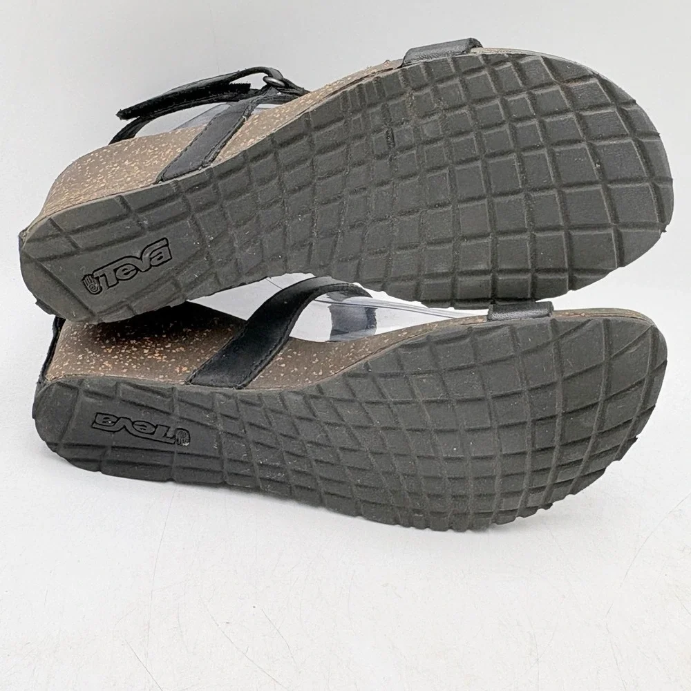 Teva Wedge Sandals Women 8.5 Black Excellent Leather Cork Ankle Strap Comfort