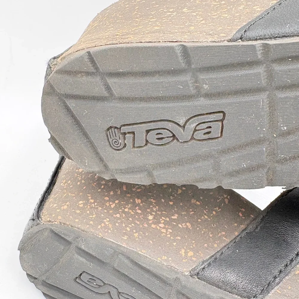 Teva Wedge Sandals Women 8.5 Black Excellent Leather Cork Ankle Strap Comfort