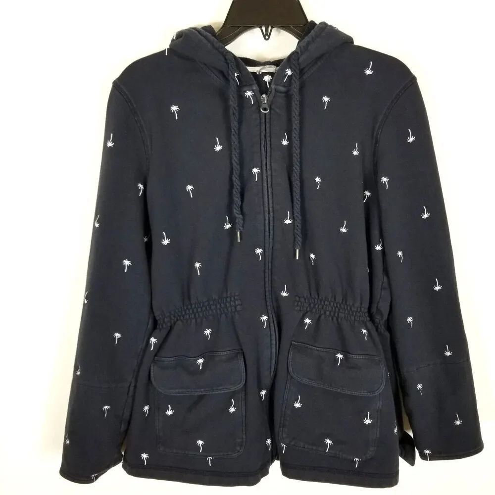 Talbots Women French Terry Palm Tree Embroidered Full Zip‎ Hoodie Sz M Navy Blue