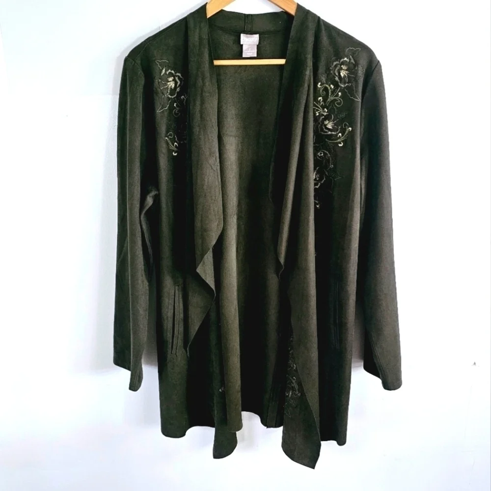 Chico's Faux Suede Green Open Waterfall Embroidery Women's Cardigan Size 2