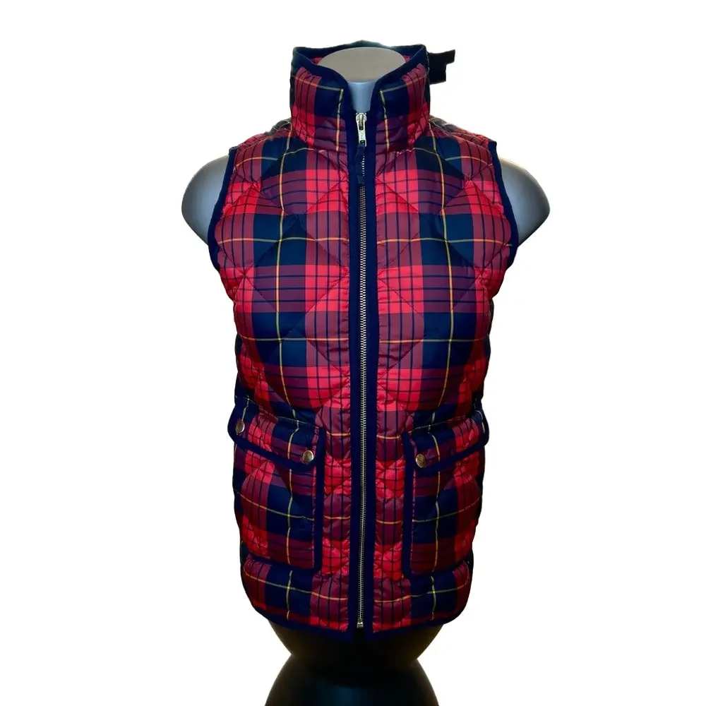 J Crew Excursion Red Navy Size XXS Quilted Vest Down Plaid Puffer Tartan