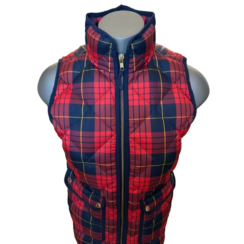 J Crew Excursion Red Navy Size XXS Quilted Vest Down Plaid Puffer Tartan