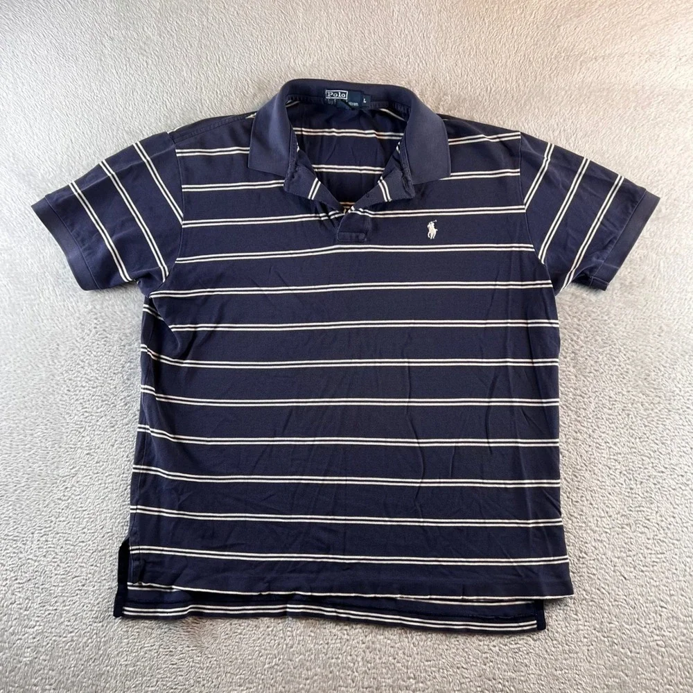 Polo Ralph Lauren Pima Cotton Striped Polo Shirt Navy Blue White Mens L