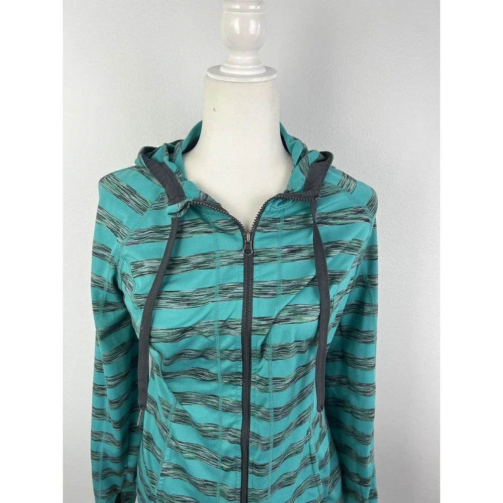 Lukka Teal and Grey Striped Zip Up‎ Jacket with Hood Large