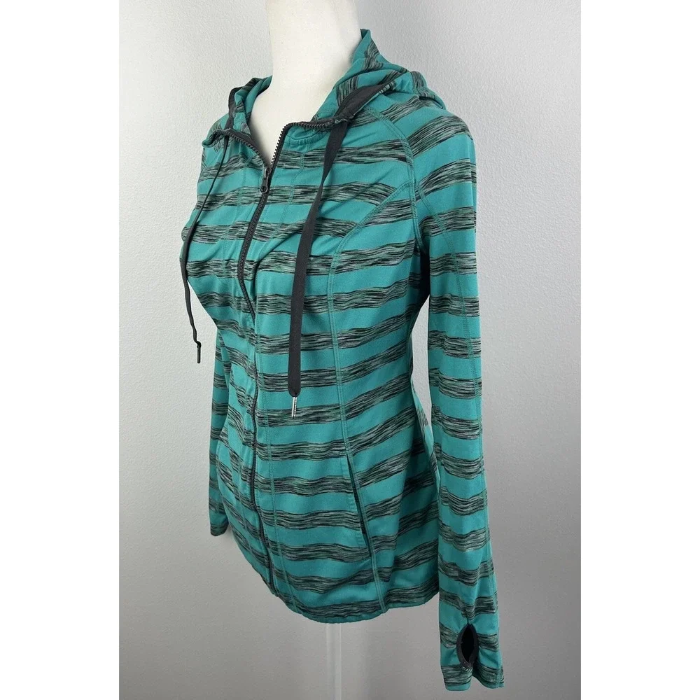 Lukka Teal and Grey Striped Zip Up‎ Jacket with Hood Large