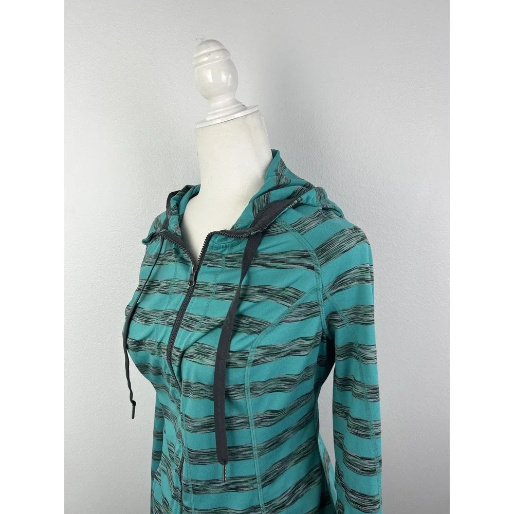 Lukka Teal and Grey Striped Zip Up‎ Jacket with Hood Large
