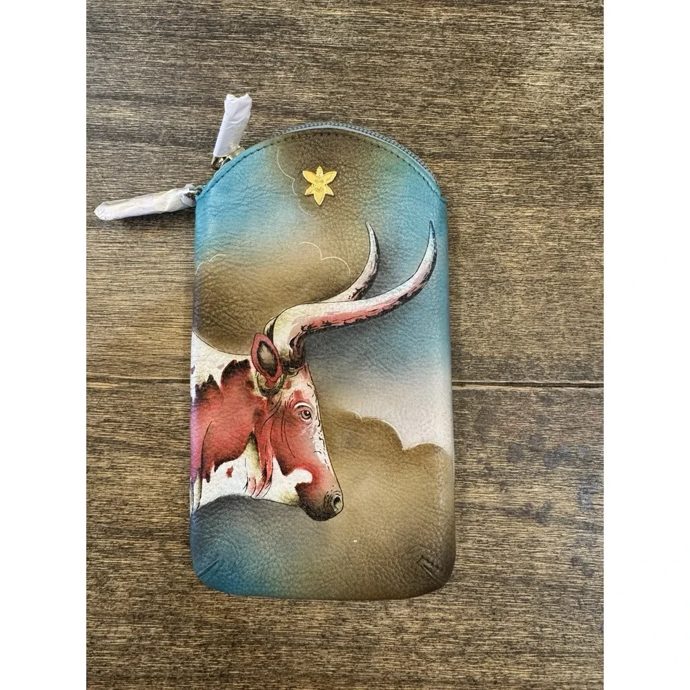 Anuschka Handpainted Leather Phone Eyeglasses Case Pouch Texas‎ Longhorn