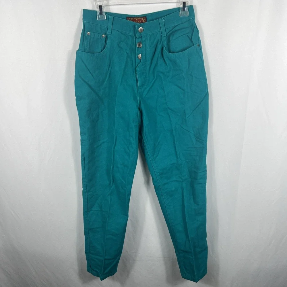 Vintage 90's Bonjour Women's Button Up Pants‎ Teal Green Size 13/14 100% Cotton