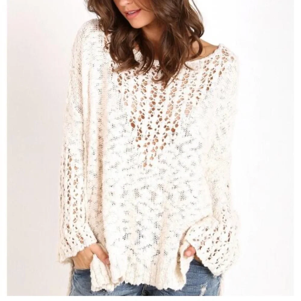 Free People oversized Cream Knit Pretty Pointelle Vee Sweater ‎ S