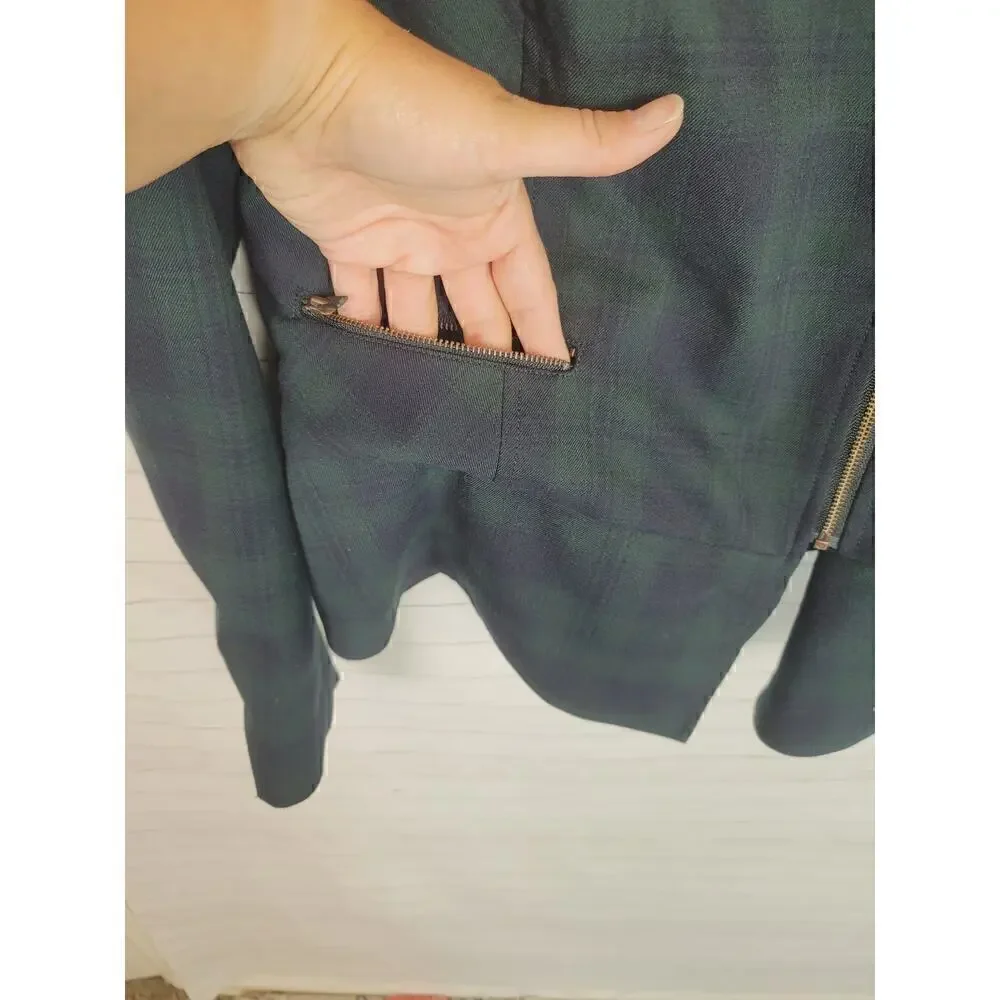 CAbi Tartan Green Plaid Asymmetrical Zip Moto Jacket, sz 4