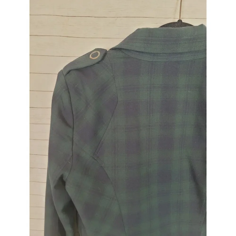 CAbi Tartan Green Plaid Asymmetrical Zip Moto Jacket, sz 4