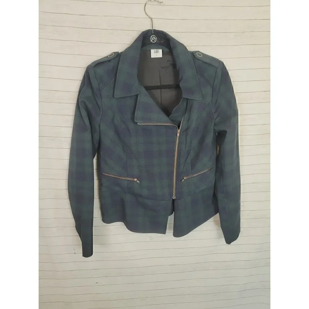 CAbi Tartan Green Plaid Asymmetrical Zip Moto Jacket, sz 4