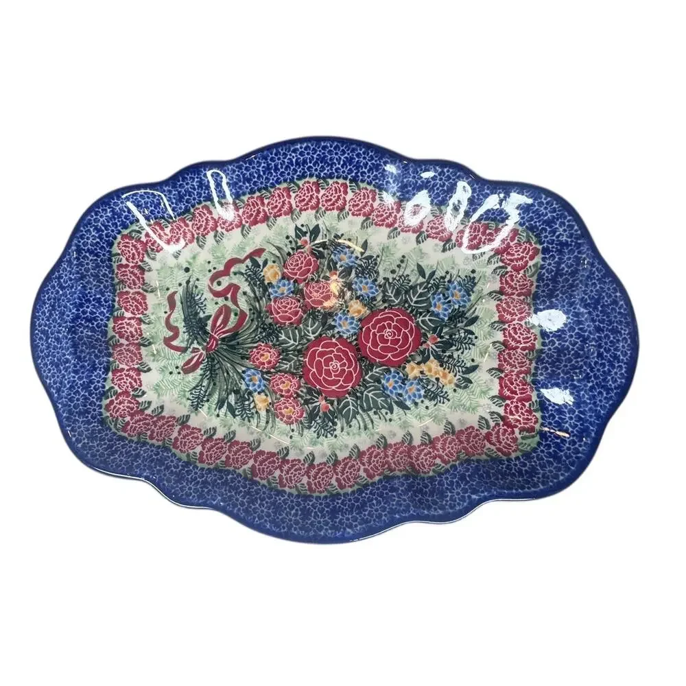 unikat polish pottery small platter #3167 Christmas Rose Special Bouquet edition