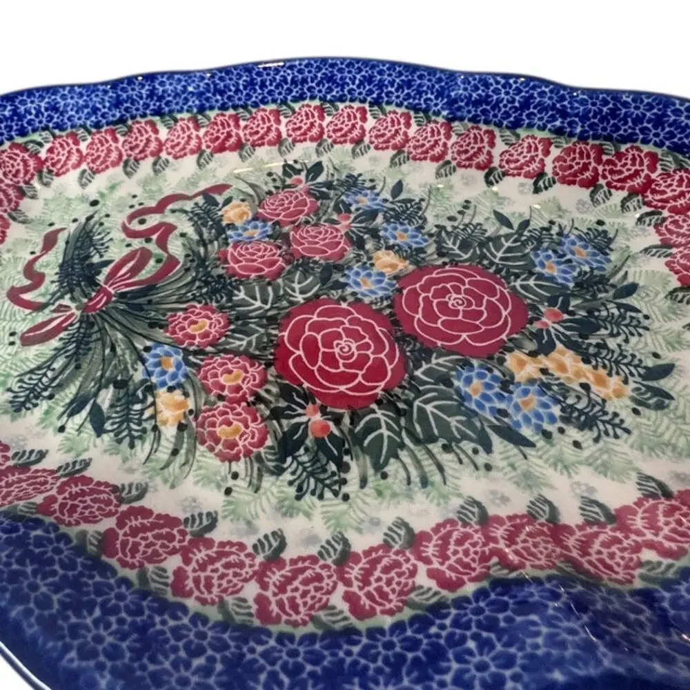 unikat polish pottery small platter #3167 Christmas Rose Special Bouquet edition