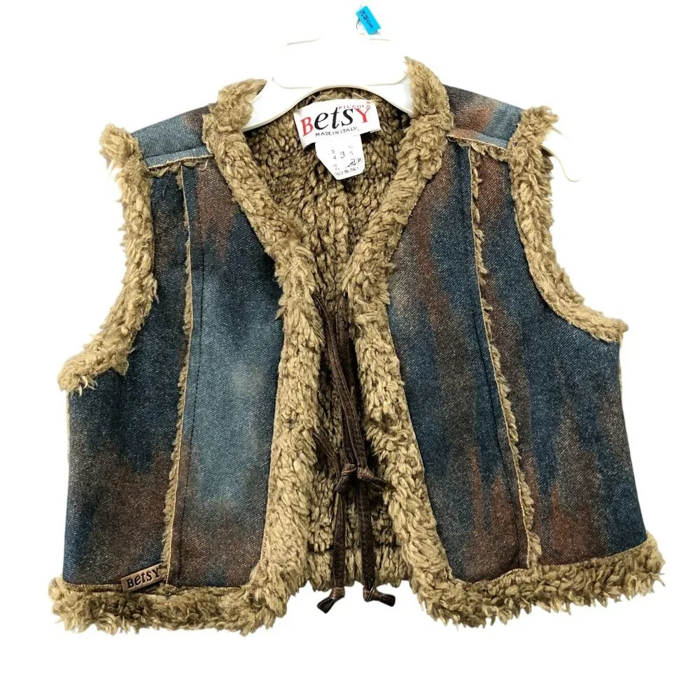 Vintage Betsy Italy Kids 3T Faux Suede Sherpa Vest Boho‎ Earthy Western