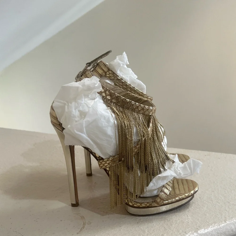 Brian Atwood Gold Fringe Sexy Heels Holiday Party‎ Christmas New Year shoes 7