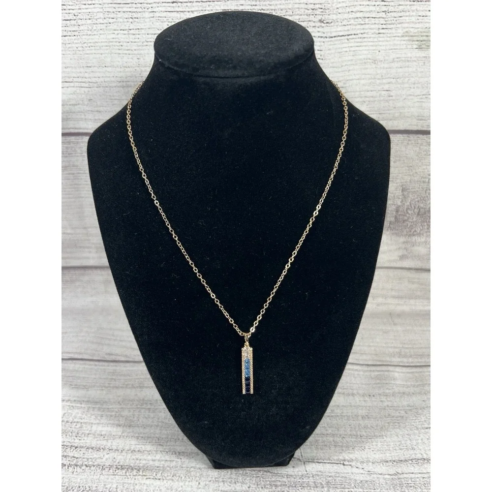 Vince Camuto‎ Gold Tone Blue Crystal Bar Pendant Necklace 20.5