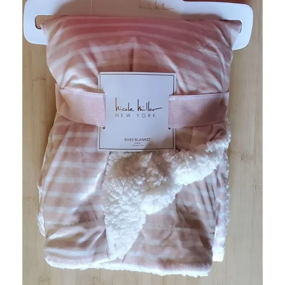 New‎ Girls Nicole Miller Pink White Micro Mink Stripe Sherpa Baby Blanket