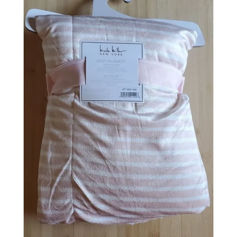 New‎ Girls Nicole Miller Pink White Micro Mink Stripe Sherpa Baby Blanket