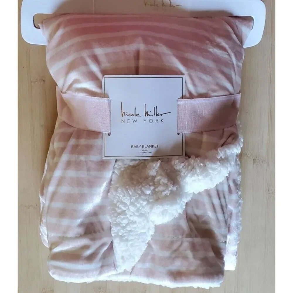 New‎ Girls Nicole Miller Pink White Micro Mink Stripe Sherpa Baby Blanket