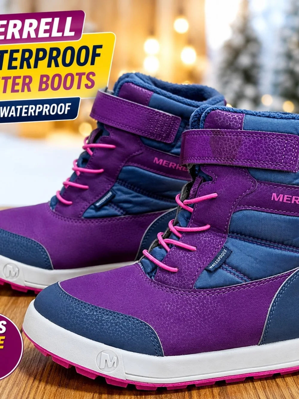 Merrell Kids Waterproof Winter Snow Boots Girls Size 2 Purple Navy Pink EU 33.5
