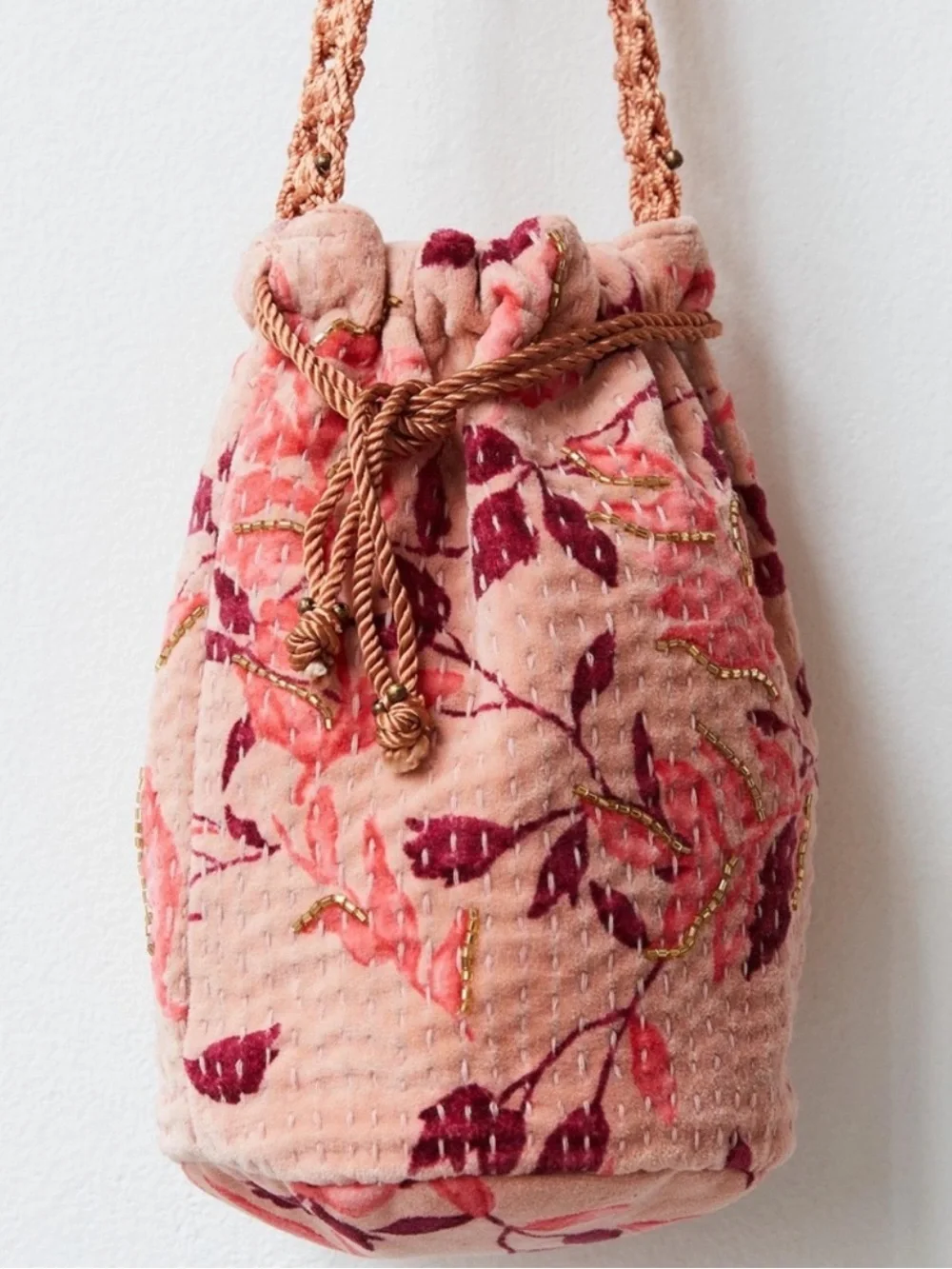Free People Velvet Moon Crossbody Bag Drawstring Pink Floral Boho Festival