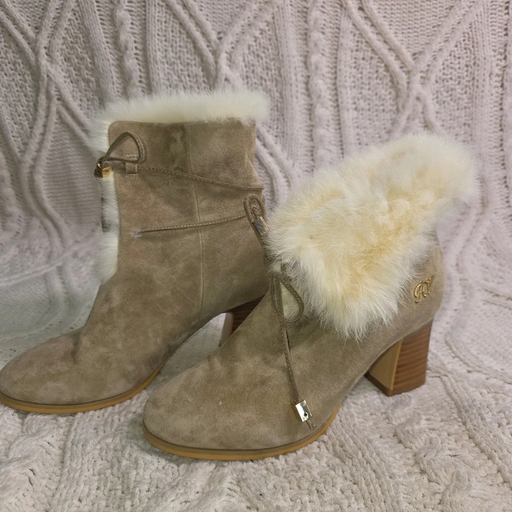 RV Roger Vivier Taupe‎ Suede Leather Fox Fur Lined Ankle Boots Women 36 5.5 6