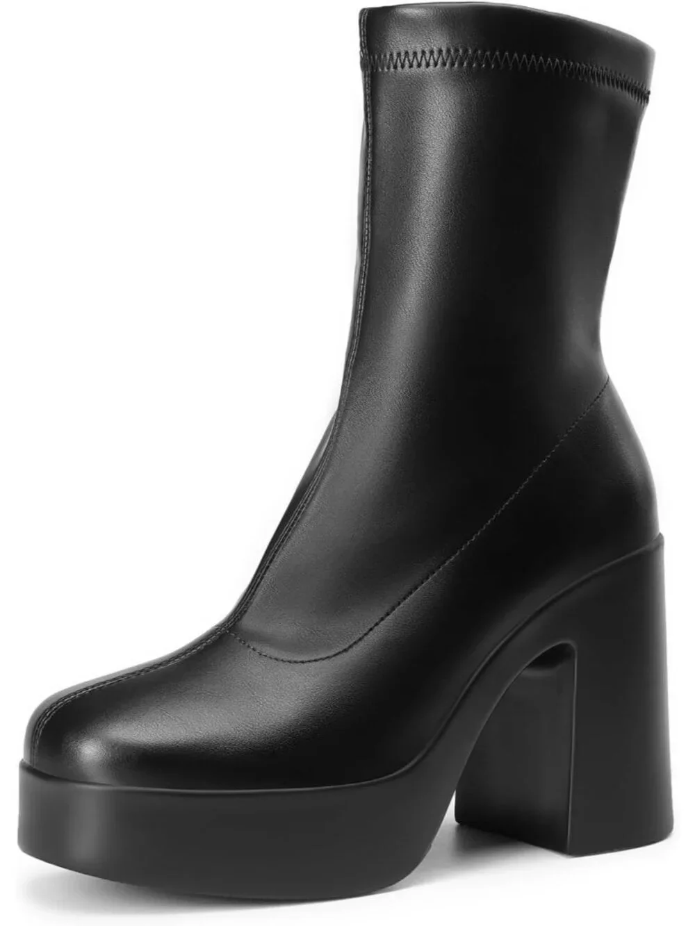 Women's Black High Chunky Block Heel Square Toe Platform Gogo Ankle Boots