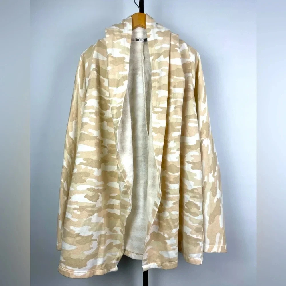 Lucky Brand Tan‎ Neutral Camo Print Hooded Open Front Cardigan Sweater