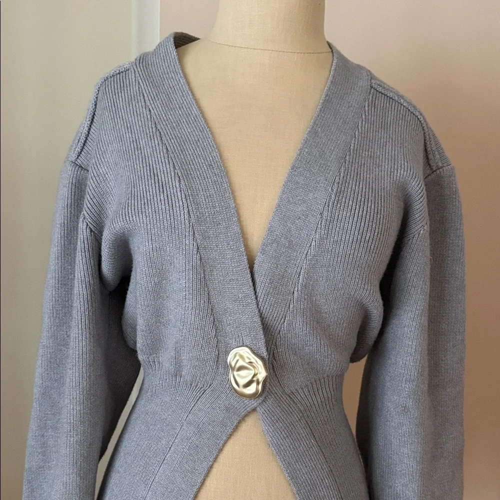 EXPRESS Light Gray Cinched Waist Puffy Sleeve Decorative Button Ribbed Cardigan