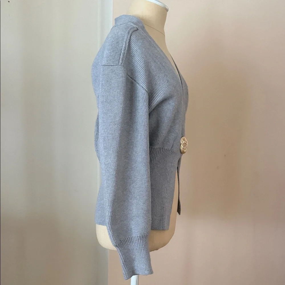 EXPRESS Light Gray Cinched Waist Puffy Sleeve Decorative Button Ribbed Cardigan
