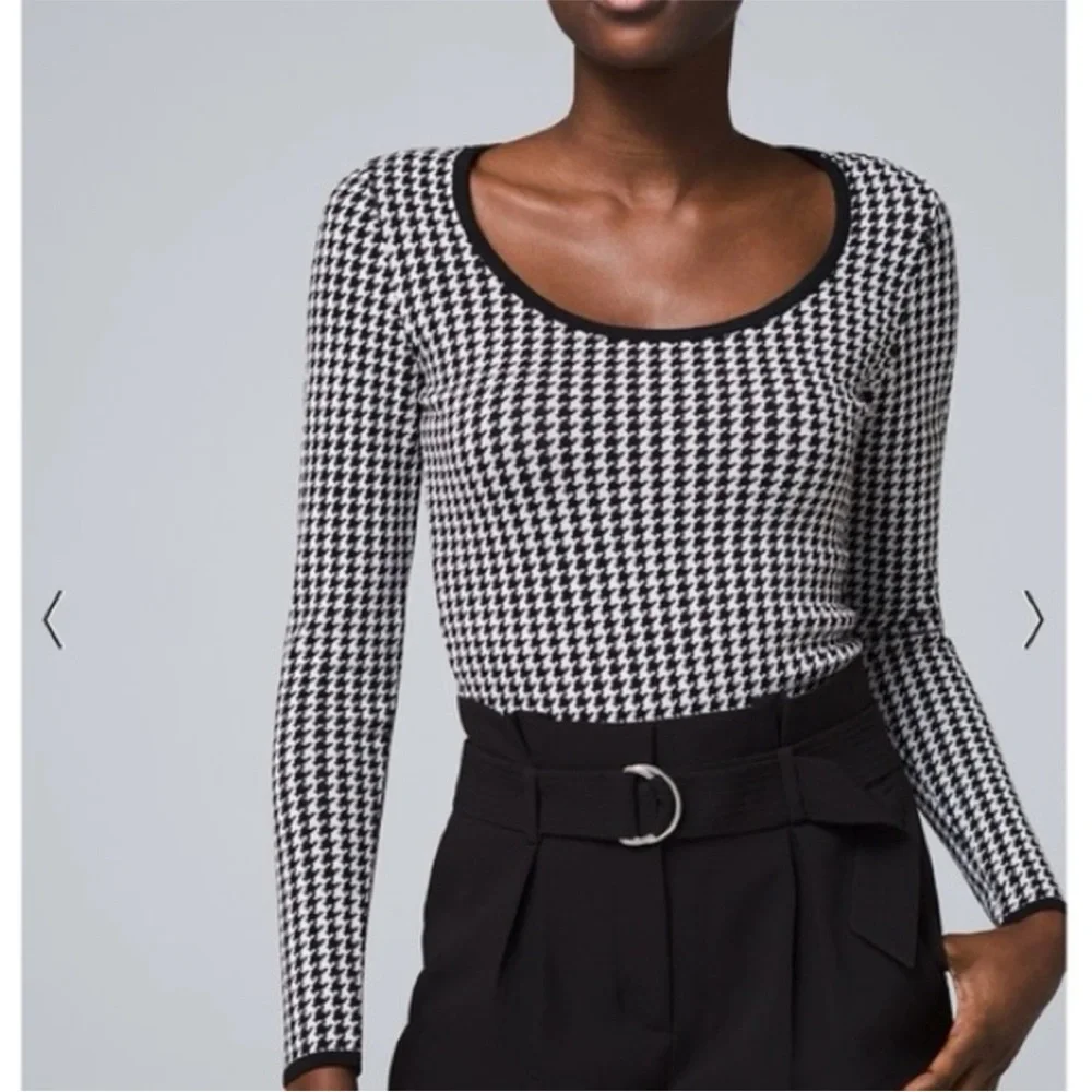 White House Black Market WHBM‎ Monochrome Houndstooth Scoop Neck Sweater XS