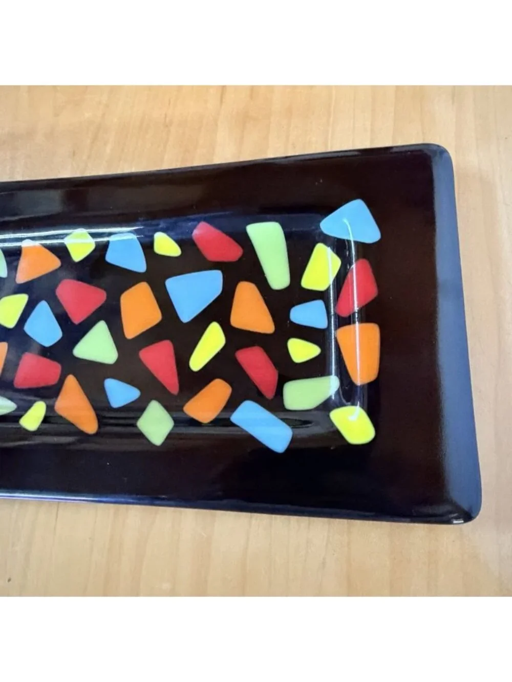Abstract Geometric Trinket Display Fused Art Glass Rectangular Tray Dish 6 X 12