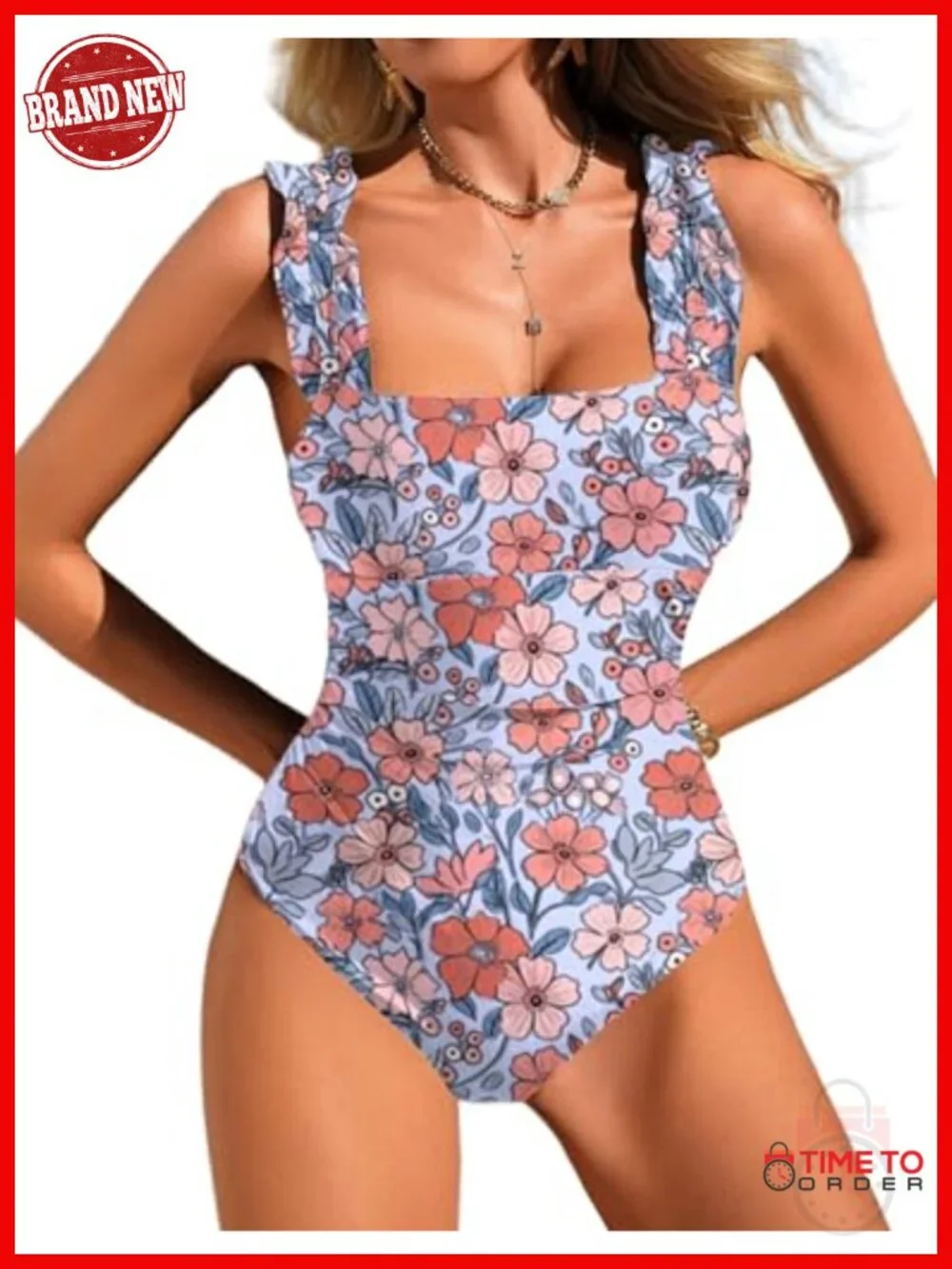 Women's Square Neck Tummy Control One Piece Swimsuit with Adjustable Ruffled